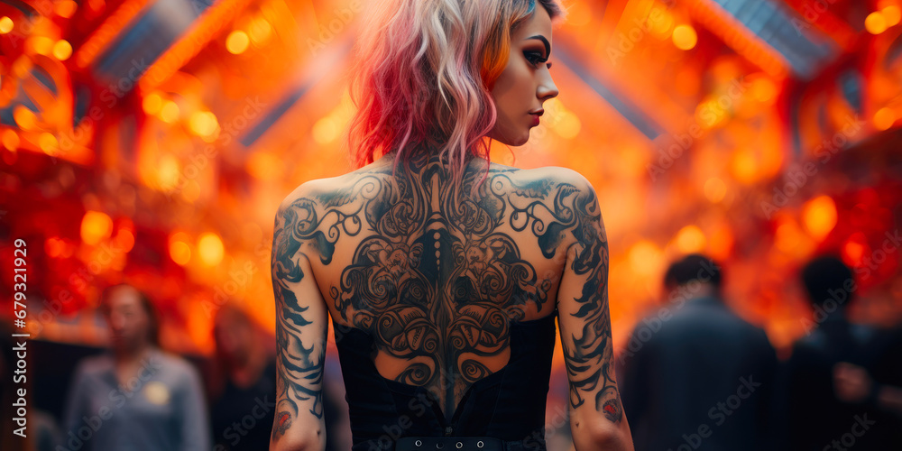 Obraz premium Captivating Ink: Women's Back View in Detail
