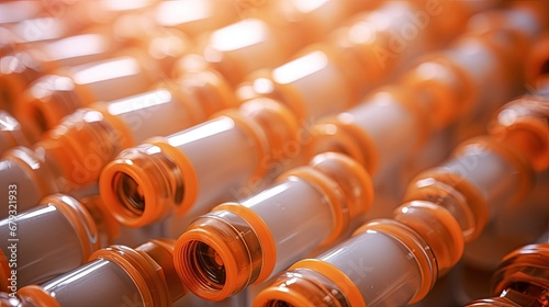 orange PVC pneumatic system tubes connected by the push in fittings. selective focus photo