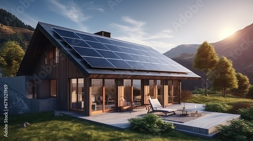 Solar panels in front of house. Technologies for obtaining solar energy. Lawn to sun power plant. Eco-friendly hotel with solar panels. Regenerative electricity. Mountains and forest behind house photo
