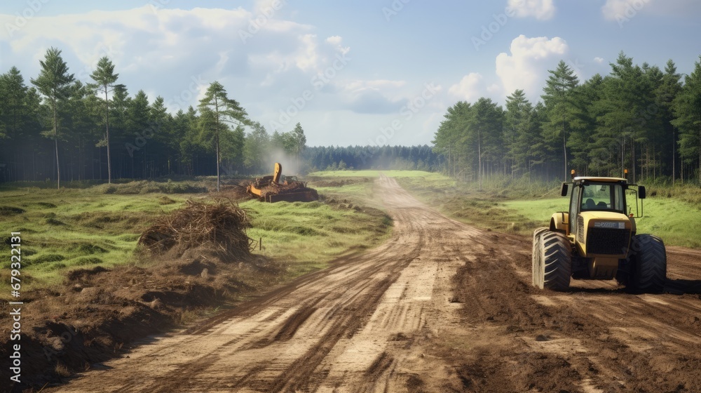 Obraz na płótnie Clearing, grading, leveling and clearing of vegetation on land field for the construction of road or highway w salonie