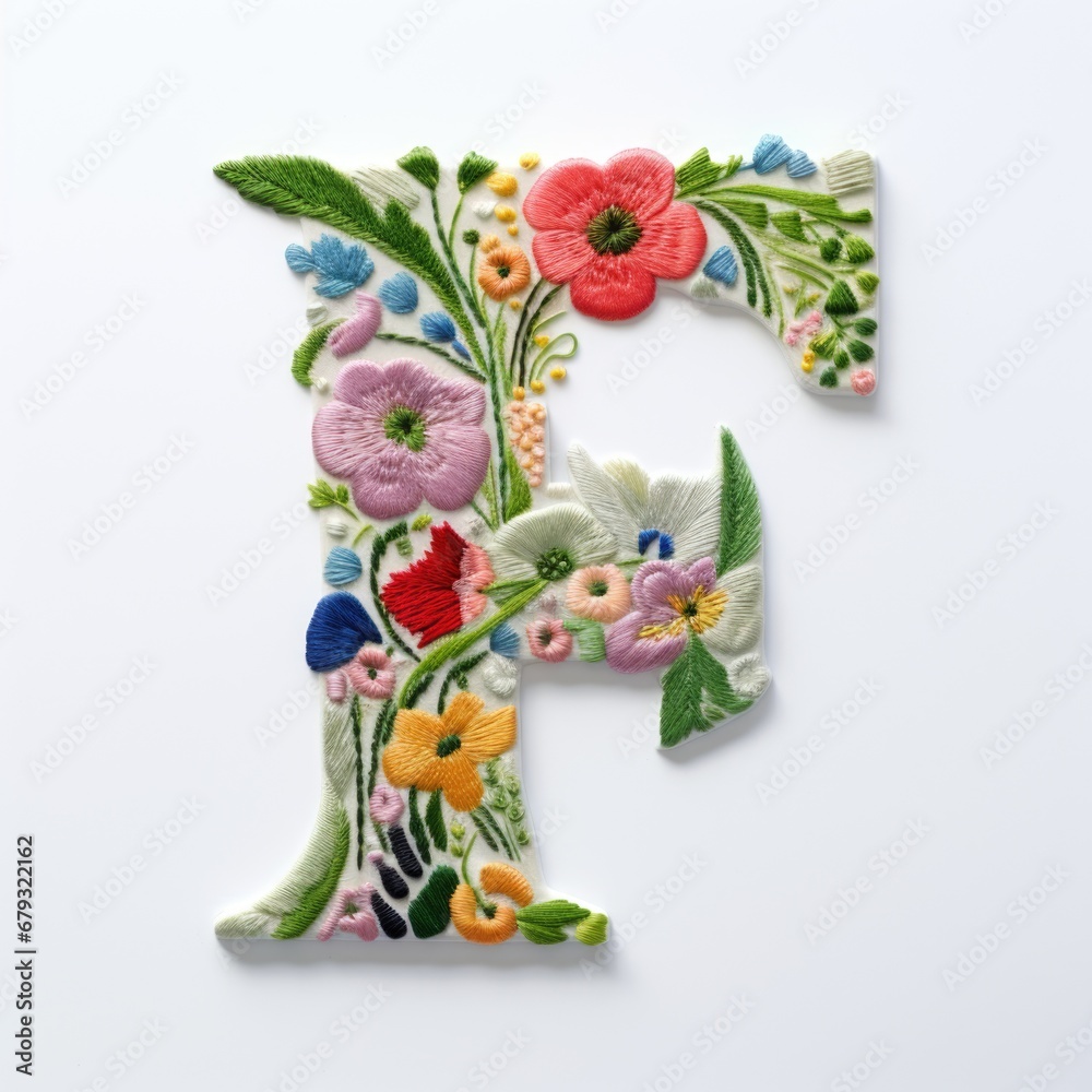 The letter f is decorated with flowers and leaves. Embroidery effect, floral design.