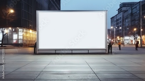 Advertising empty long white billboard with space for mockup information at urban street front view photo