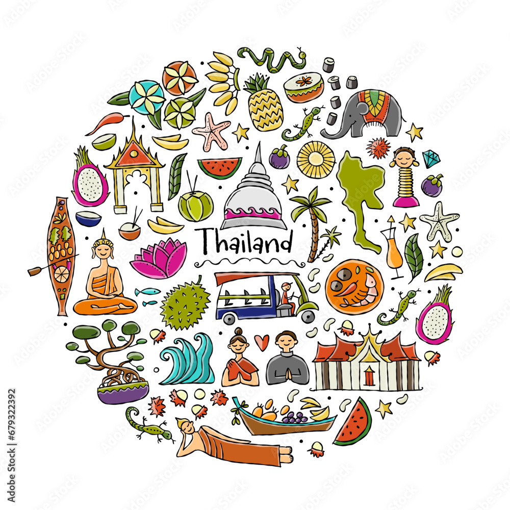 Travel to Thailand. Concept art design with Siam elements, map, people and landmarks, thai food etc. Vector illustration Travel to Thailand. Concept art design with Siam elements, map, people and landmarks, thai food etc. Vector illustration