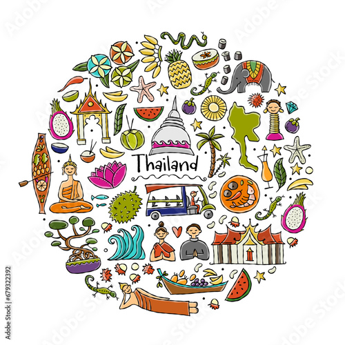 Travel to Thailand. Concept art design with Siam elements, map, people and landmarks, thai food etc. Vector illustration