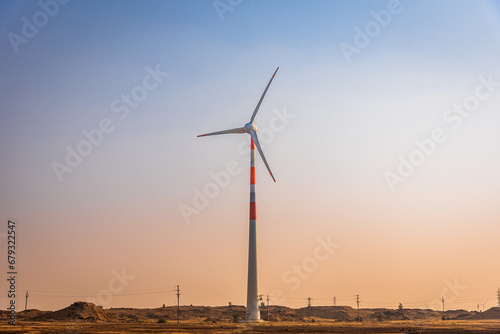 Wind turbines for renewable electric power production in India's second largest onshore wind farm of Jaisalmer windpark in Jaisalmer district of Rajasthan state.
