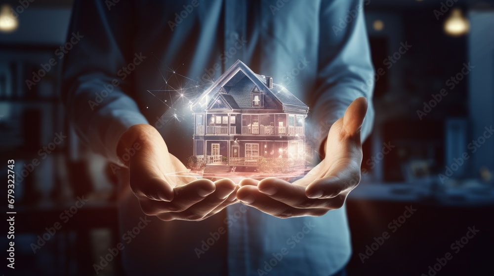Smart Home innovation technology and System for house Automation Control Concept. Man holding small home model with virtual display as assistant house remote control - obrazy, fototapety, plakaty 