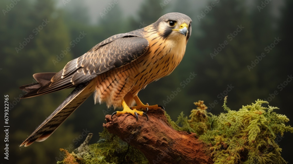 Obraz premium The Eurasian hobby Falco subbuteo or just hobby, is a small, slim falcon, Falconidae, young bird on the branch.
