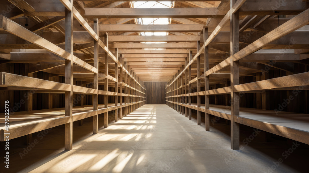 Factory Zen: Minimalist Wooden Shelves in Sun-Kissed Ambiance Factory Zen: Minimalist Wooden Shelves in Sun-Kissed Ambiance