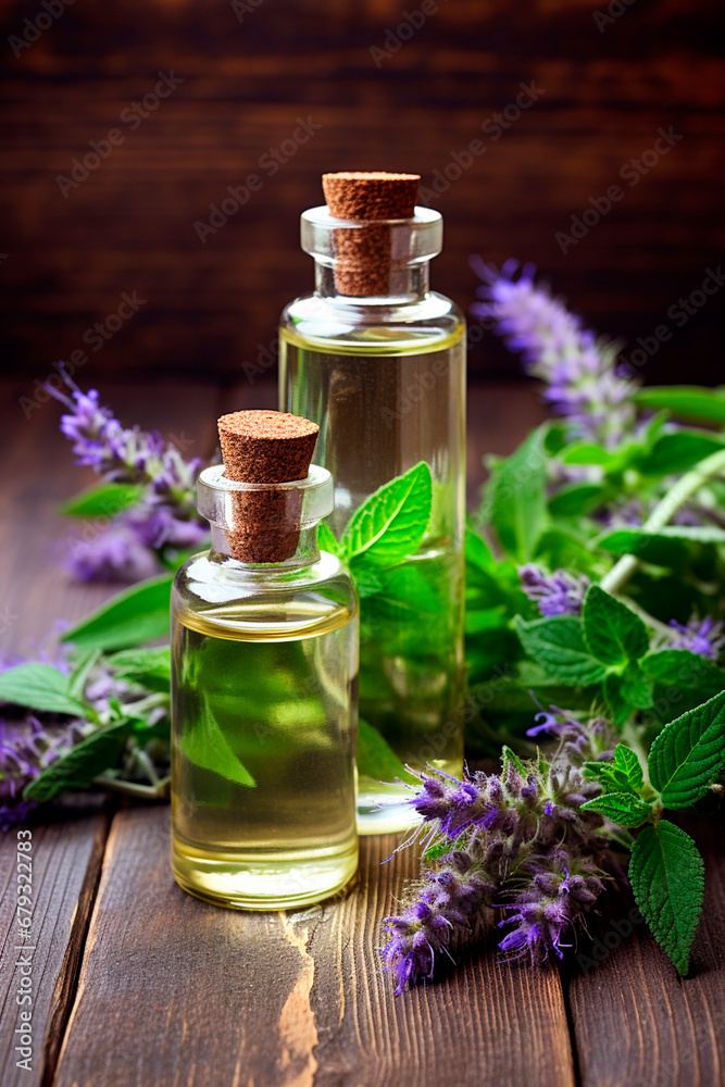 Hyssop essential oil in a bottle. Generative AI, Hyssop essential oil in a bottle. Generative AI,