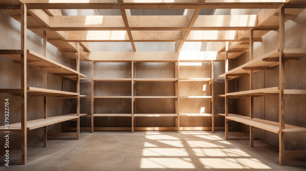 Rustic Factory Chic: Natural Wood Shelves in Abandoned Setting Rustic Factory Chic: Natural Wood Shelves in Abandoned Setting