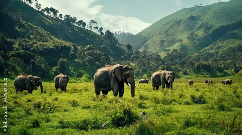Fototapeta many wild elephants grazing green grass in forest meadow. elephant family in adventure safari trek in mountain of Munnar.Chinnar.Kerala. India. Indian wildlife animal in national park greenery color