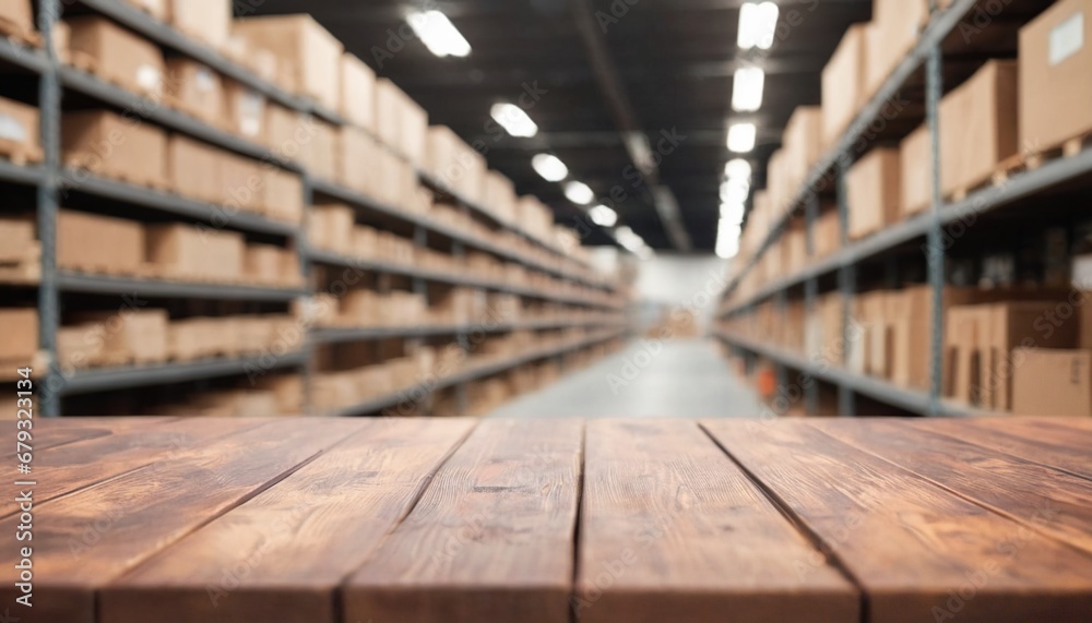 Background with a table in the warehouse. Storage room in the background.