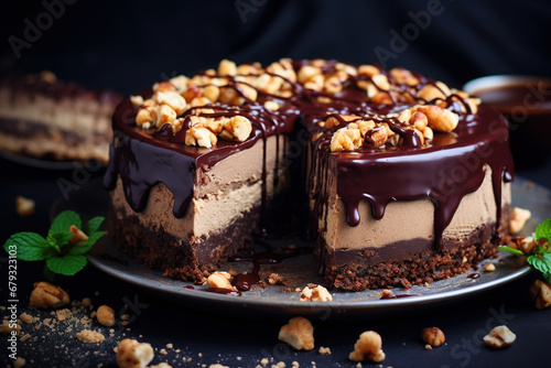 homemade chocolate hazelnut cake cheesecake with dark icing photo