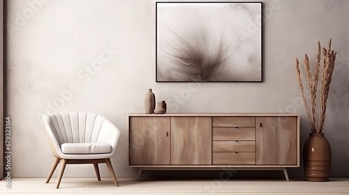 Modern scandinavian home interior with design wooden commode, mock up poster map, feather in vase, book and personal accessories in stylish home decor. Template. photo