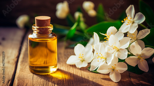 Jasmine essential oil in a bottle. Generative AI, © yanadjan