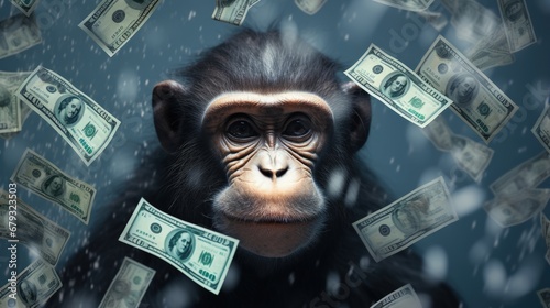 COVID-19 affects stock market, 100 US dollar money bill with face mask. World economy hit by coronavirus outbreak. Concept of crash, pandemic, business, global recession, corona and monkey pox virus. photo