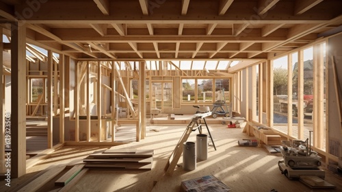 Tableau sur toile Interior of a UK timber frame house under construction