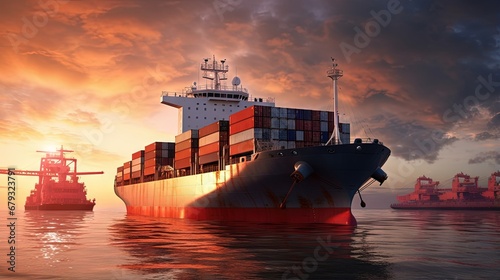 Containers cargo logistics import export transport concept, Big ship in the ocean and container truck at sunset dramatic sky background with copy space, Nautical vessel and sea freight shipping