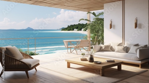 Beach Tropical living & Sea view for Vacation and Summer / interior 3d rendering