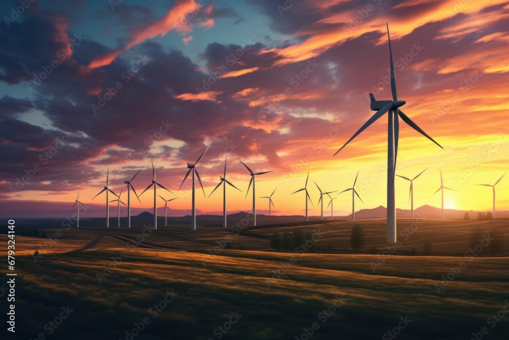 Obraz premium Wind turbines at sunset, aerial view. Renewable energy, ecology, environment concept