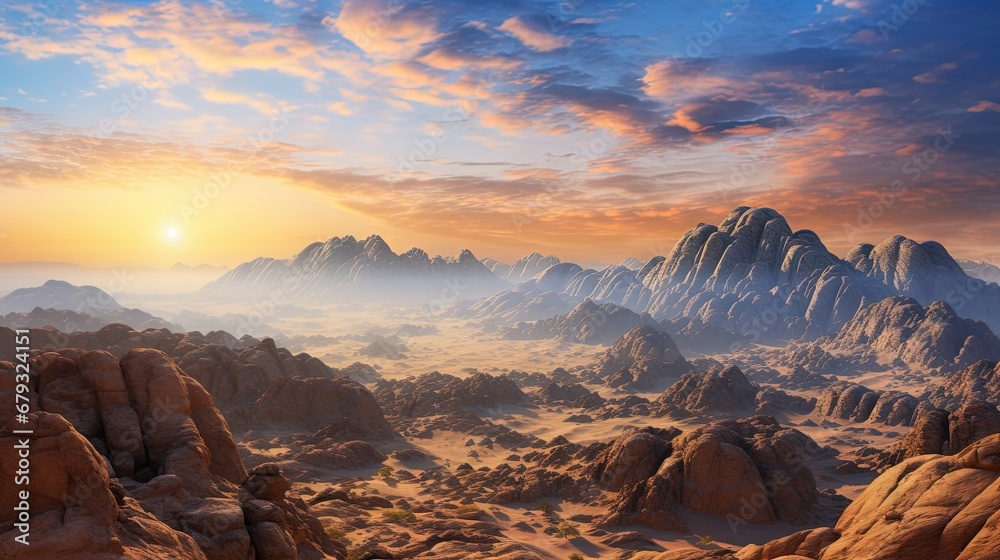 View from Mount Sinai at sunrise. Beautiful mountain landscape in Egypt. - obrazy, fototapety, plakaty 