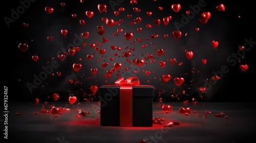 Witness a cascade of red, shiny hearts pouring out of a gift box against a bold black backdrop