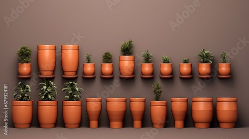 Terracotta flower pots. Plant pots in different shapes. Concept for houseplant, plants container and dirty pots.