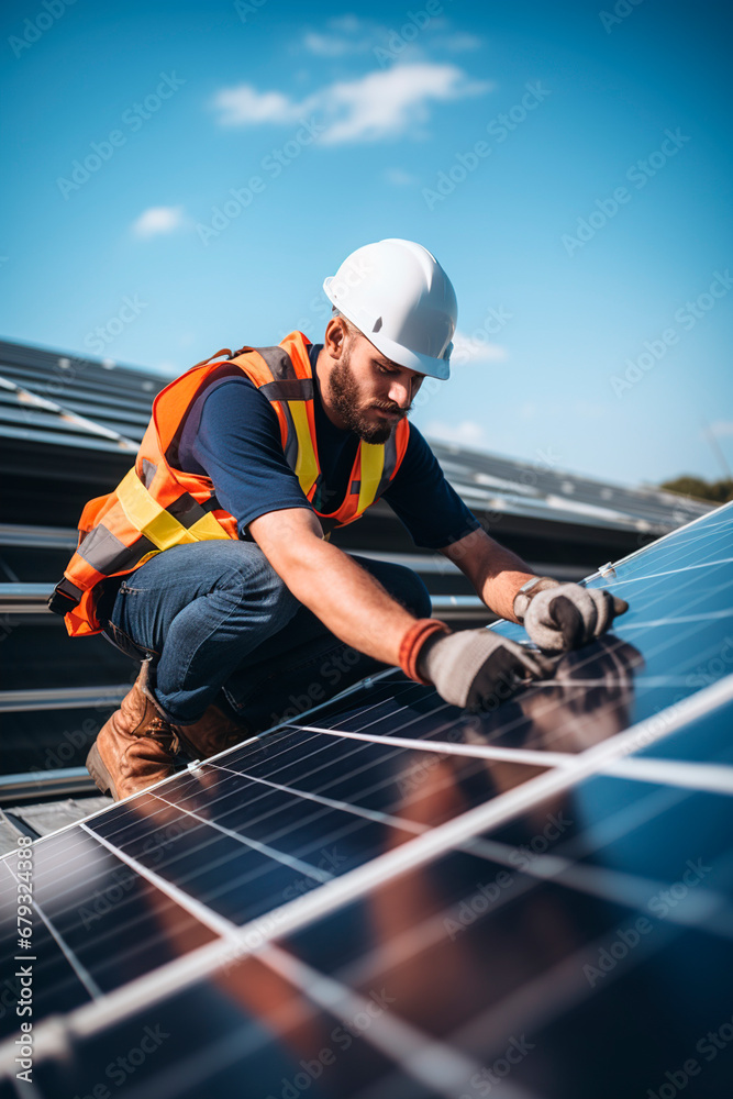 A master installer installs solar panels. Generative AI, A master installer installs solar panels. Generative AI,