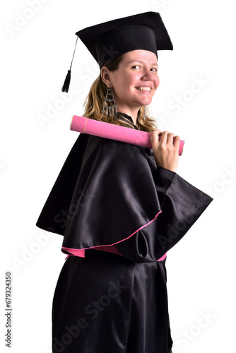 Canvastavla student girl wearing graduation outfit holding graduation certificate and celebr