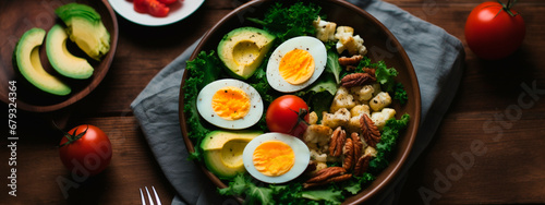 Keto plate eat eggs, avocado, greens, nuts. Generative AI,