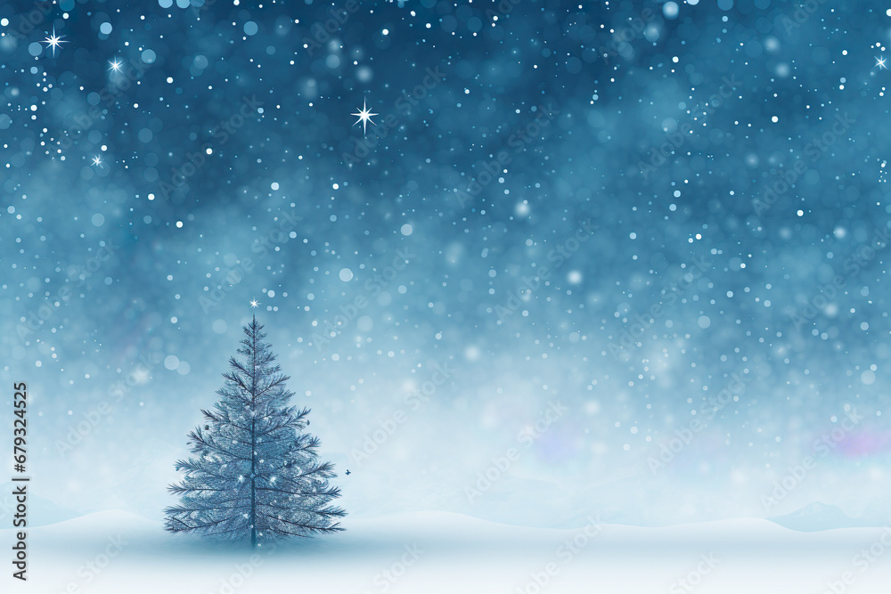 Abstrakter Weihnachtsbaum steht funkelnd im Schnee. Es funkelt und glitzert. (Generative AI)