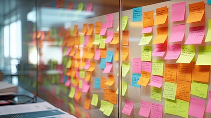 Blur color notes or sticky note on the glass wall in the office during brainstorming session in ideation workshop of design thinking