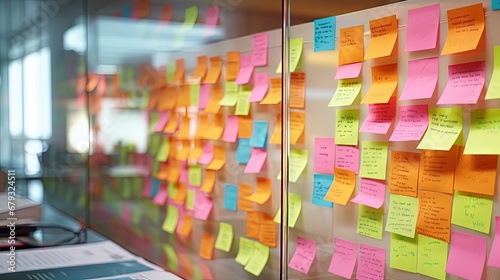 Blur color notes or sticky note on the glass wall in the office during brainstorming session in ideation workshop of design thinking