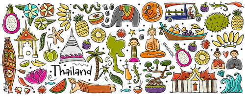 Travel to Thailand. Concept art design with Siam elements, map, people and landmarks, thai food etc. Vector illustration