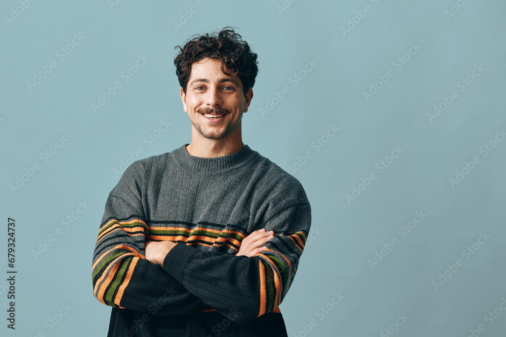 Obraz premium Man hipster face copyspace fashion smile young handsome gray sweater trendy portrait