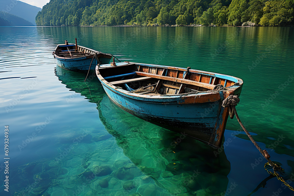 Obraz premium A lone canoe on a misty lake. Generative Ai