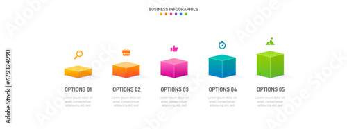 Timeline infographic with infochart. Modern presentation template with 5 spets for business process. Website template on white background for concept modern design. Horizontal layout.