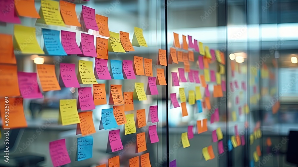 Blur color notes or sticky note on the glass wall in the office during brainstorming session in ideation workshop of design thinking