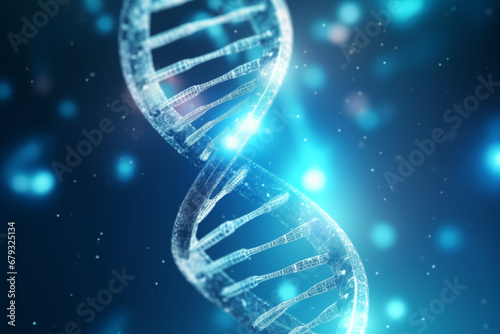 DNA molecule helix spiral chain from on blue background with light and bokeh, DNA technology and genetics science concept.
