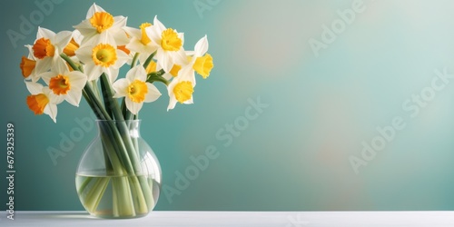 A vase filled with white and yellow daffodil flowers. Copyspace, place for text, panoramic banner.