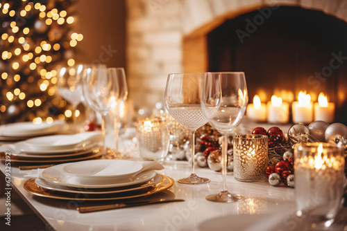 Christmas table setting with candles and festive tableware and decor for Christmas celebration