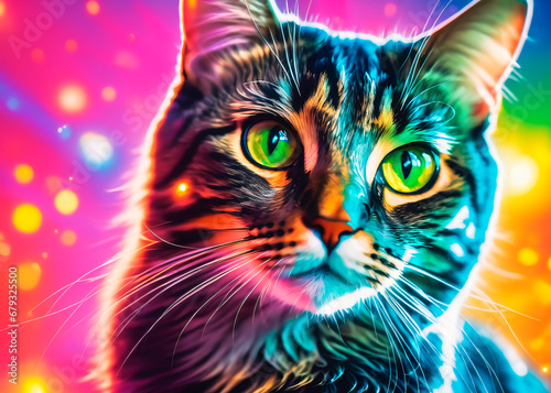 Colorful portrait of a cat on a multicolored background.