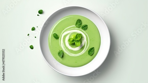Healthy green cream soup with fish and pea. Spinach soup puree on white plate with shadows. Summer menu - broccoli cream with fish. Cream soup of green pea in vegan menu