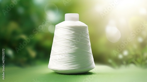 Raw White Polyester FDY Yarn spool with green blurred background. Recycle icon, sustainable icon and Bottle icon. Chemical concept photo