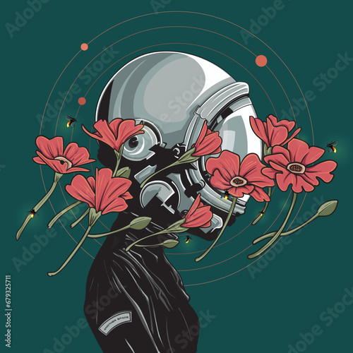 Astronaut Fireflies and flower illustration