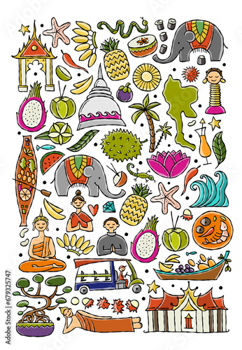 Travel to Thailand. Concept art design with Siam elements, map, people and la...