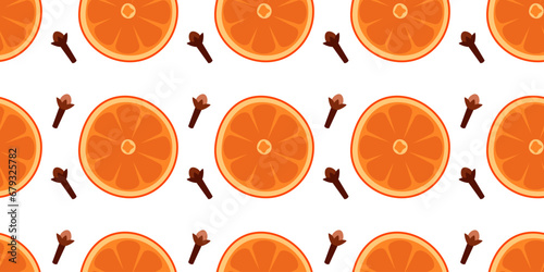 Cartoon vector seamless pattern with orange slices and cloves on white background