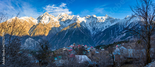 Beautiful panoramic view of Kalpa, It is a small village in Kinnaur district of Himachal Pradesh located amidst Himalayas of India. photo