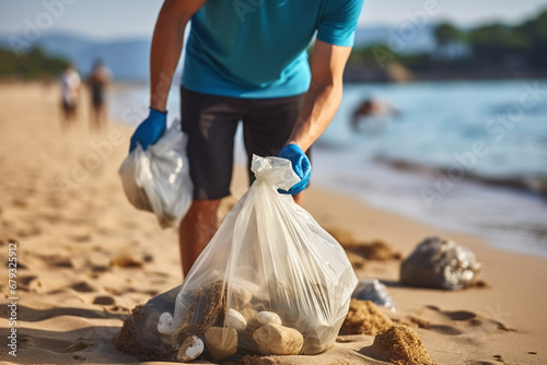 Volunteer collecting garbage on the beach. Recycling concept photo