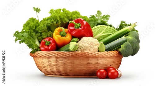 Different fresh vegetables for eating healthy. Fresh vegetables in basket isolated on white backgroun